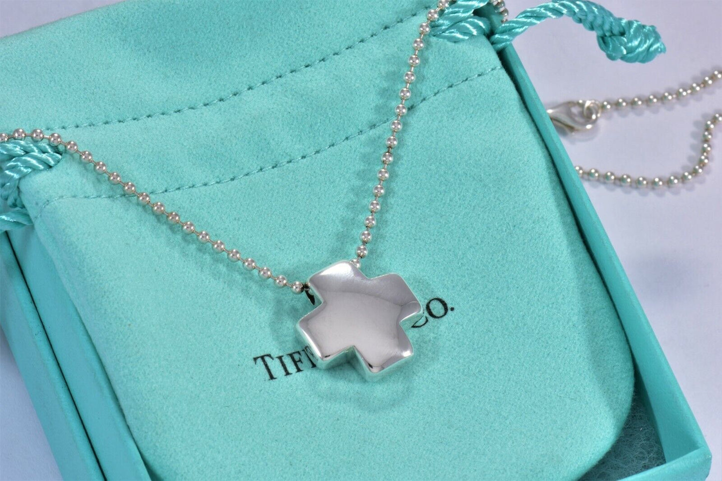 Tiffany & Co Italy Sterling Silver Swiss Cross Pendant Bead Chain Necklace Pouch