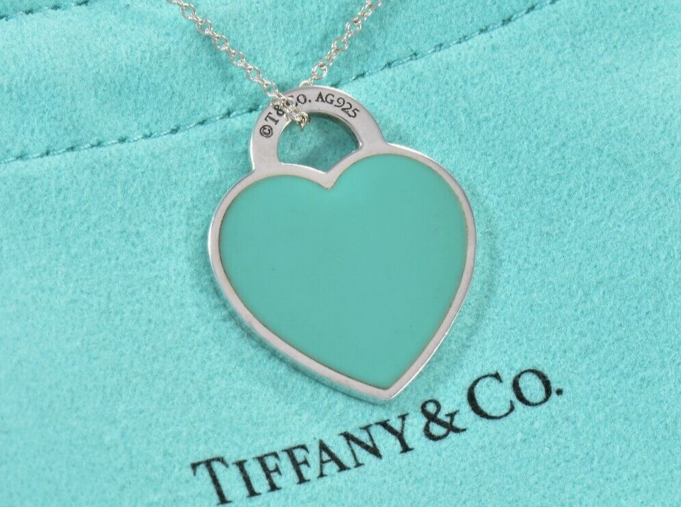 Please Return To Tiffany Silver Blue Enamel Heart Pendant Necklace in Pouch Love