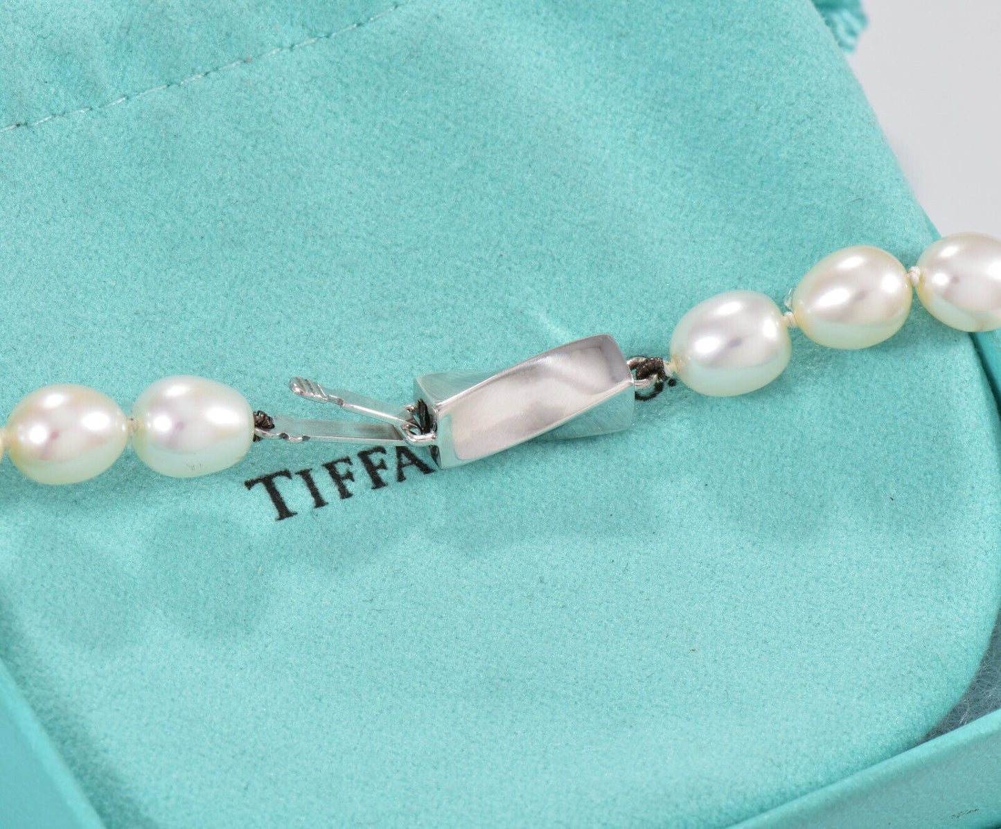 Tiffany & Co Silver Pearl Bead Strand Twist Bar Pendant 16.5" Necklace in Pouch