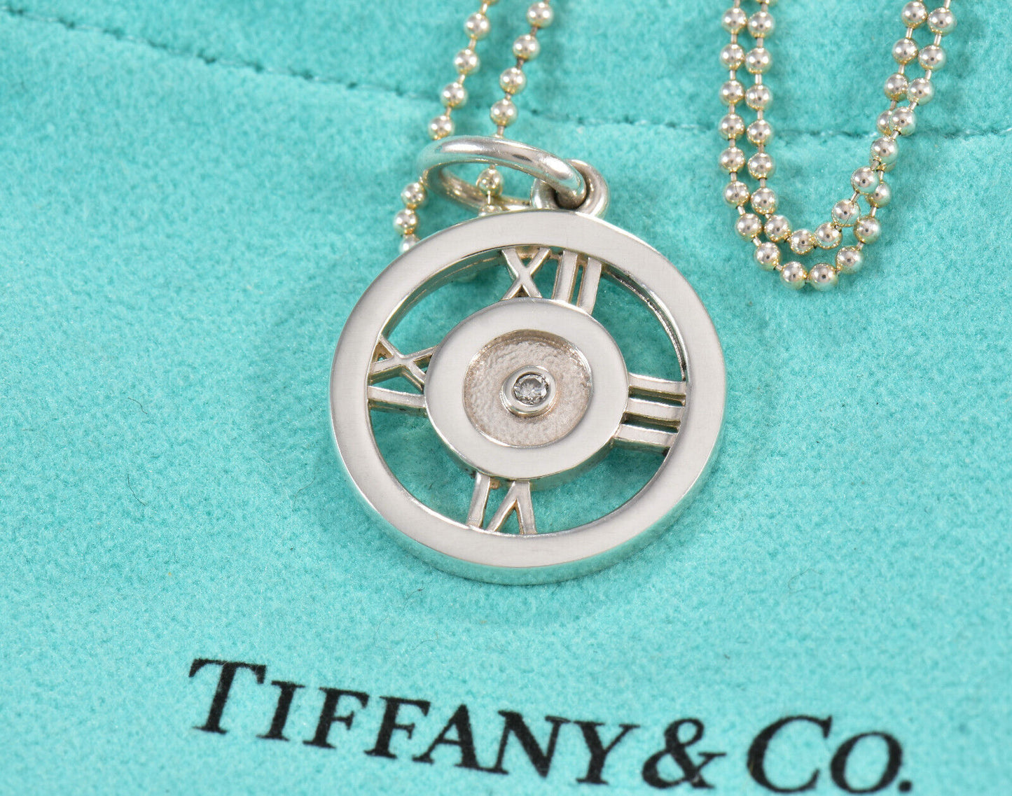 Tiffany & Co Diamond Silver Atlas Numeral Circle Pendant 16" Bead Necklace Boxed