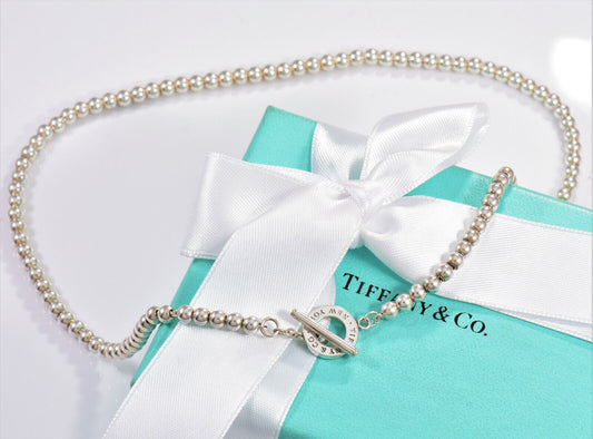 Tiffany & Co Silver NY Toggle Pendant 16.5" Beaded Necklace in Box Rare Lovely