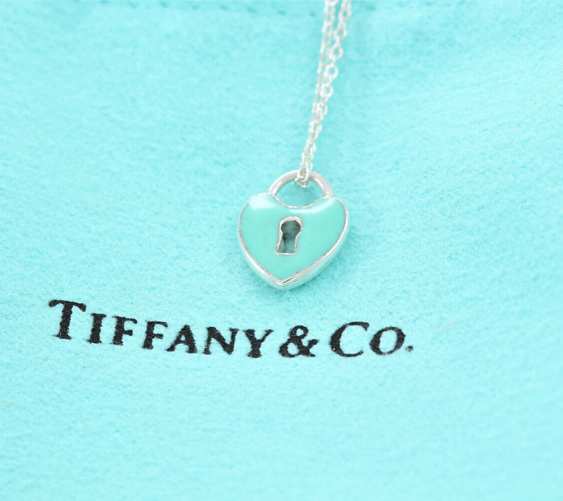 Tiffany & Co Silver Blue Enamel Small Heart Lock 16.5" Necklace in Pouch Keyhole