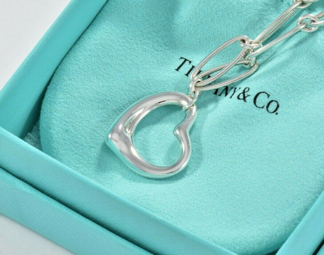 Tiffany & Co Elsa Peretti Silver Open Heart Oval Linked Chain 6" Bracelet Pouch