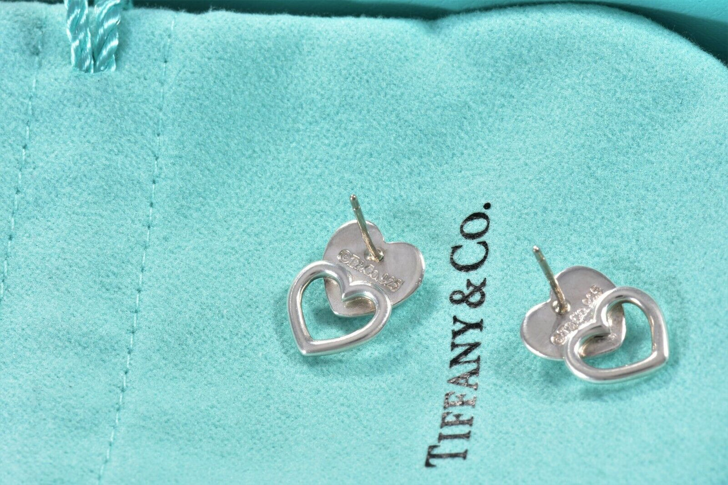 Tiffany & Co Silver Double Heart Stencil Puff Earrings and Pouch Lovely Stud