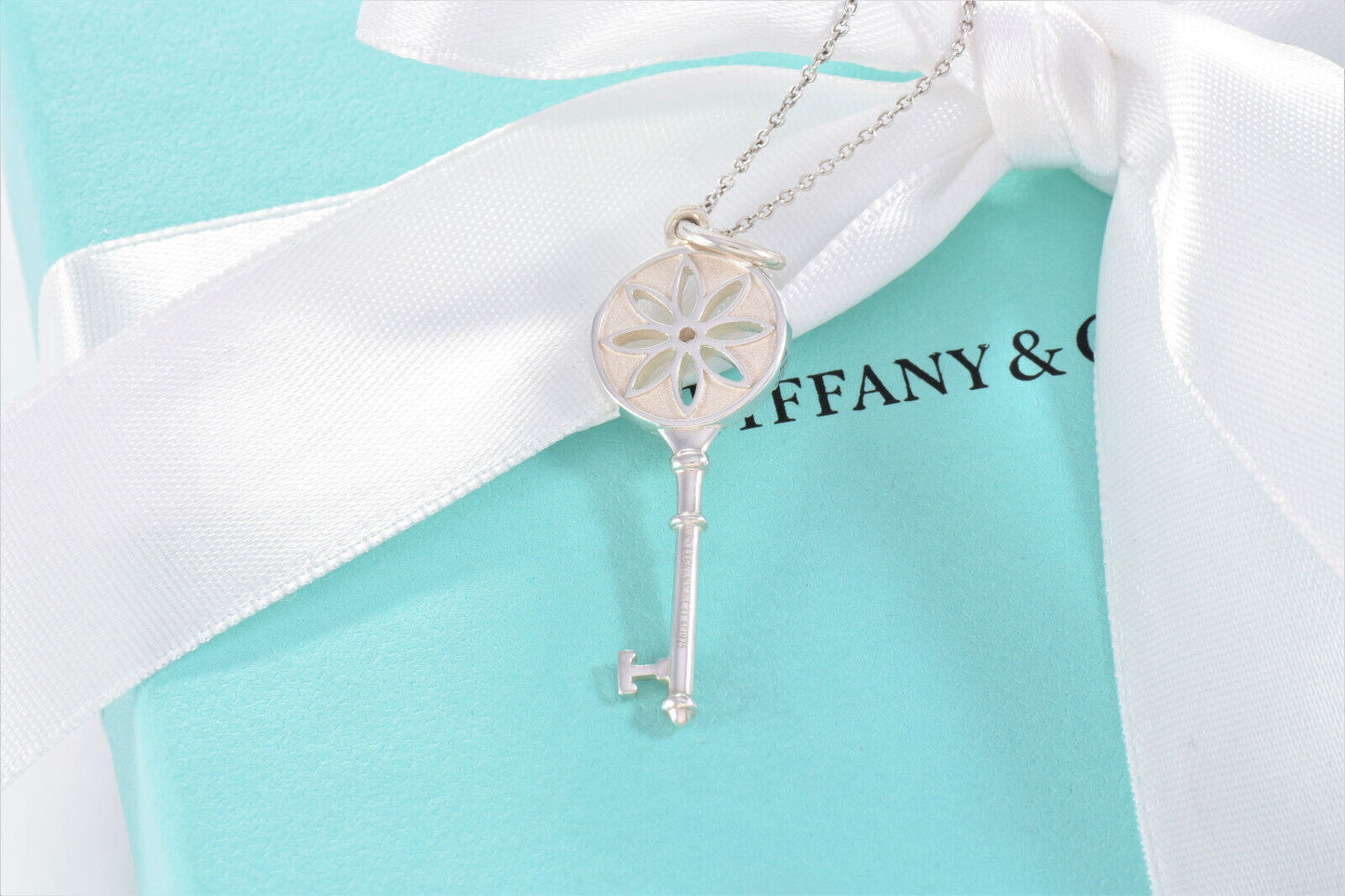 Tiffany & Co Silver Diamond Daisy Flower 1.5" Key Pendant 18" Necklace in Box