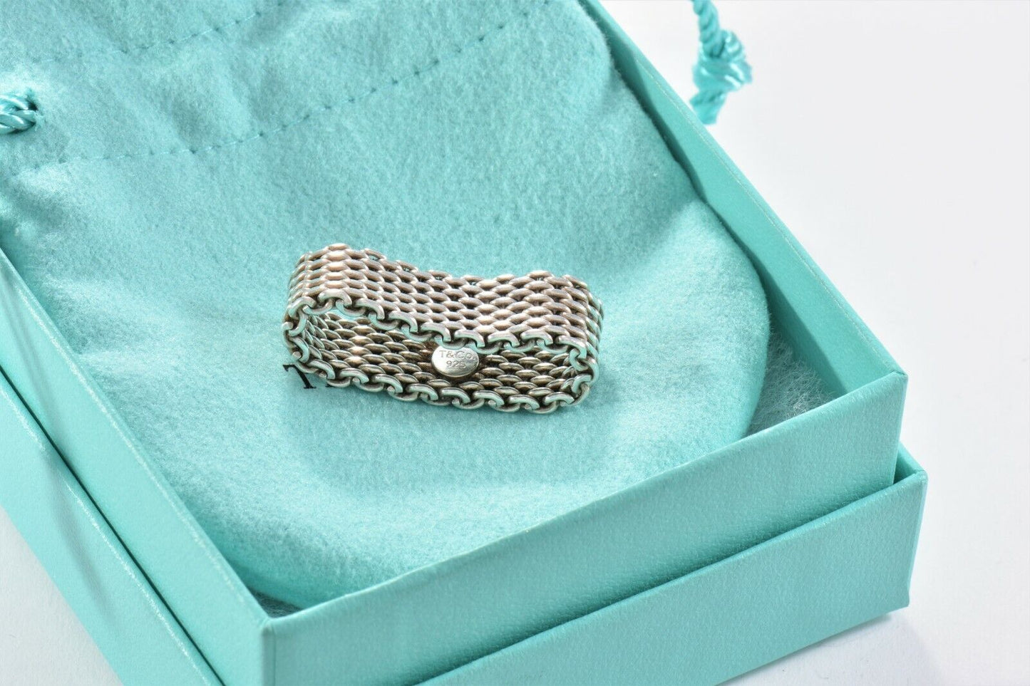 Tiffany & Co Somerset Sterling Silver Mesh Love Ring Sz 6.5 in Box Pouch Lovely