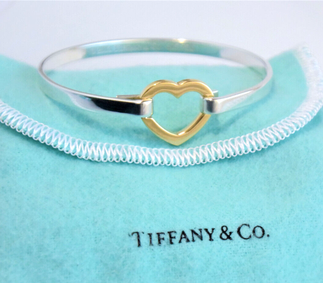 Tiffany & Co 18K Yellow Gold Silver Open Heart Hook 6.55" Bracelet in Pouch Rare