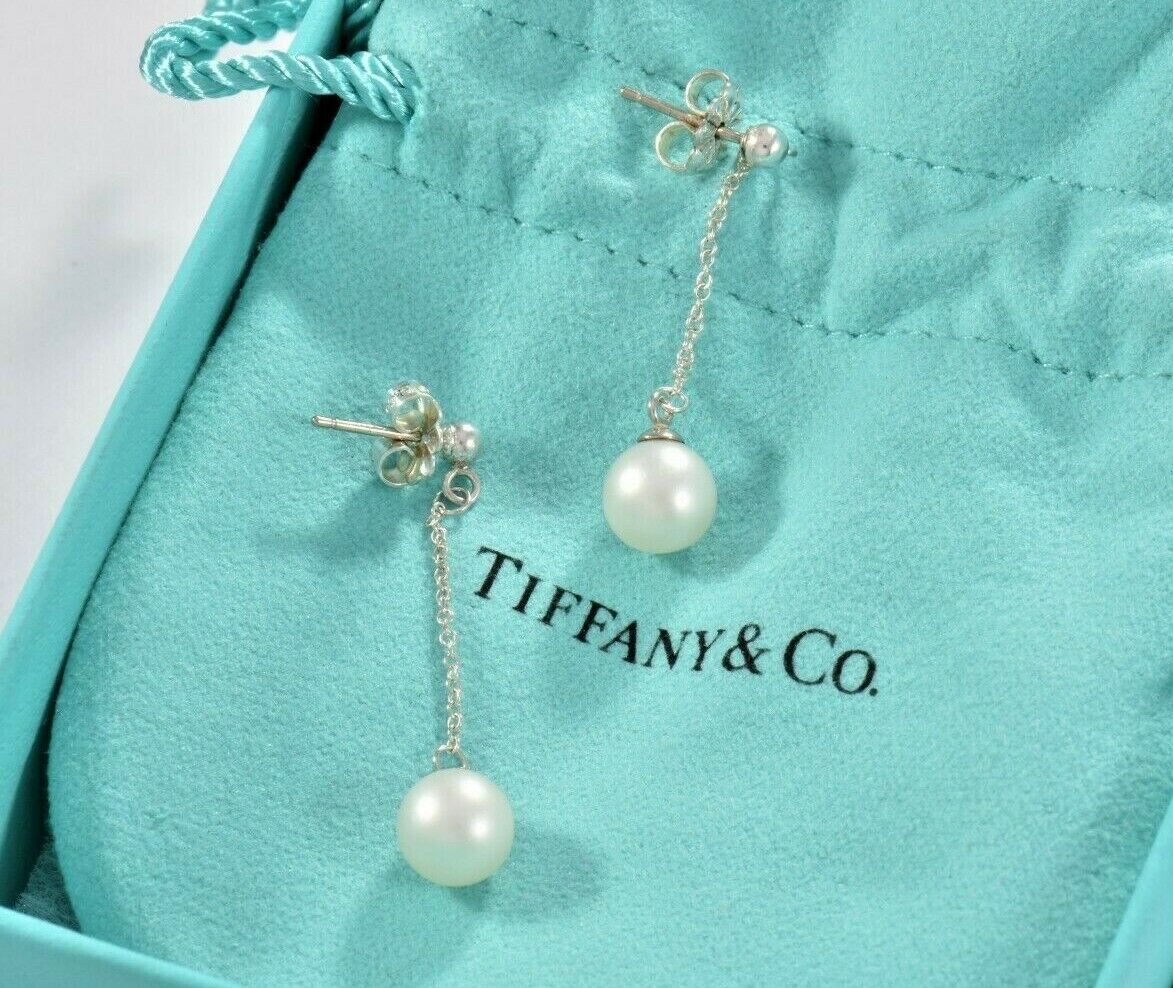 Tiffany & Co Sterling Silver Bead Pearl Drop Earrings in Box Pouch Dangle Rare