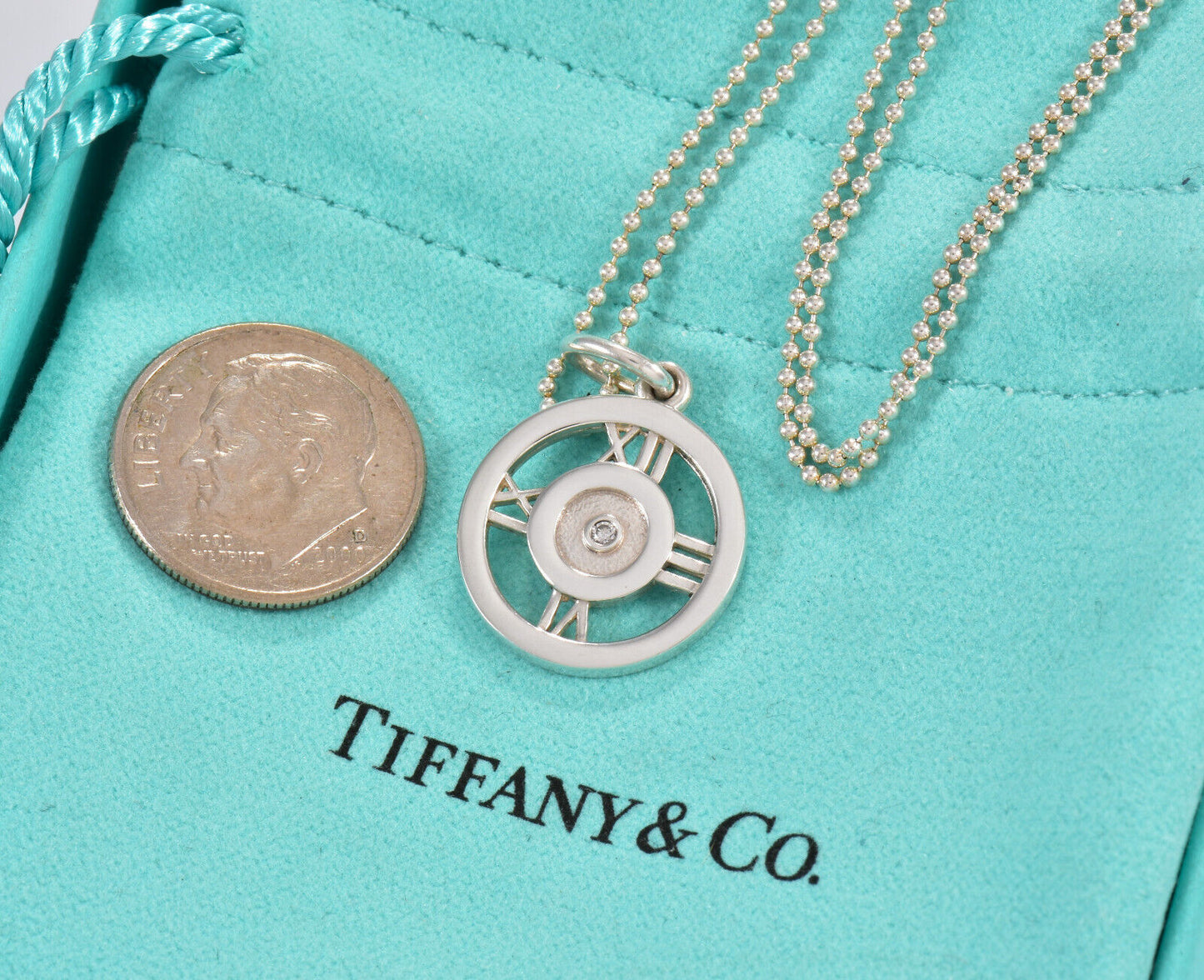 Tiffany & Co Diamond Silver Atlas Numeral Circle Pendant 16" Bead Necklace Boxed