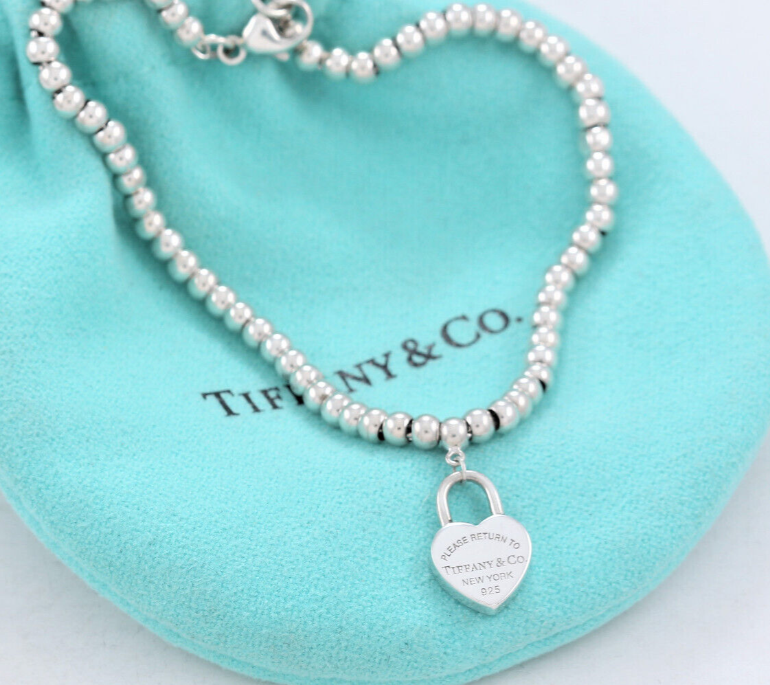 Please Return To Tiffany & Co Silver Heart Padlock Charm 7" Bead Bracelet Lock