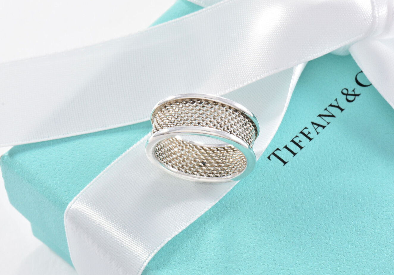 Tiffany & Co Sterling Silver Mesh Wide Bar Band Size 5.5 Ring In Pouch Unisex