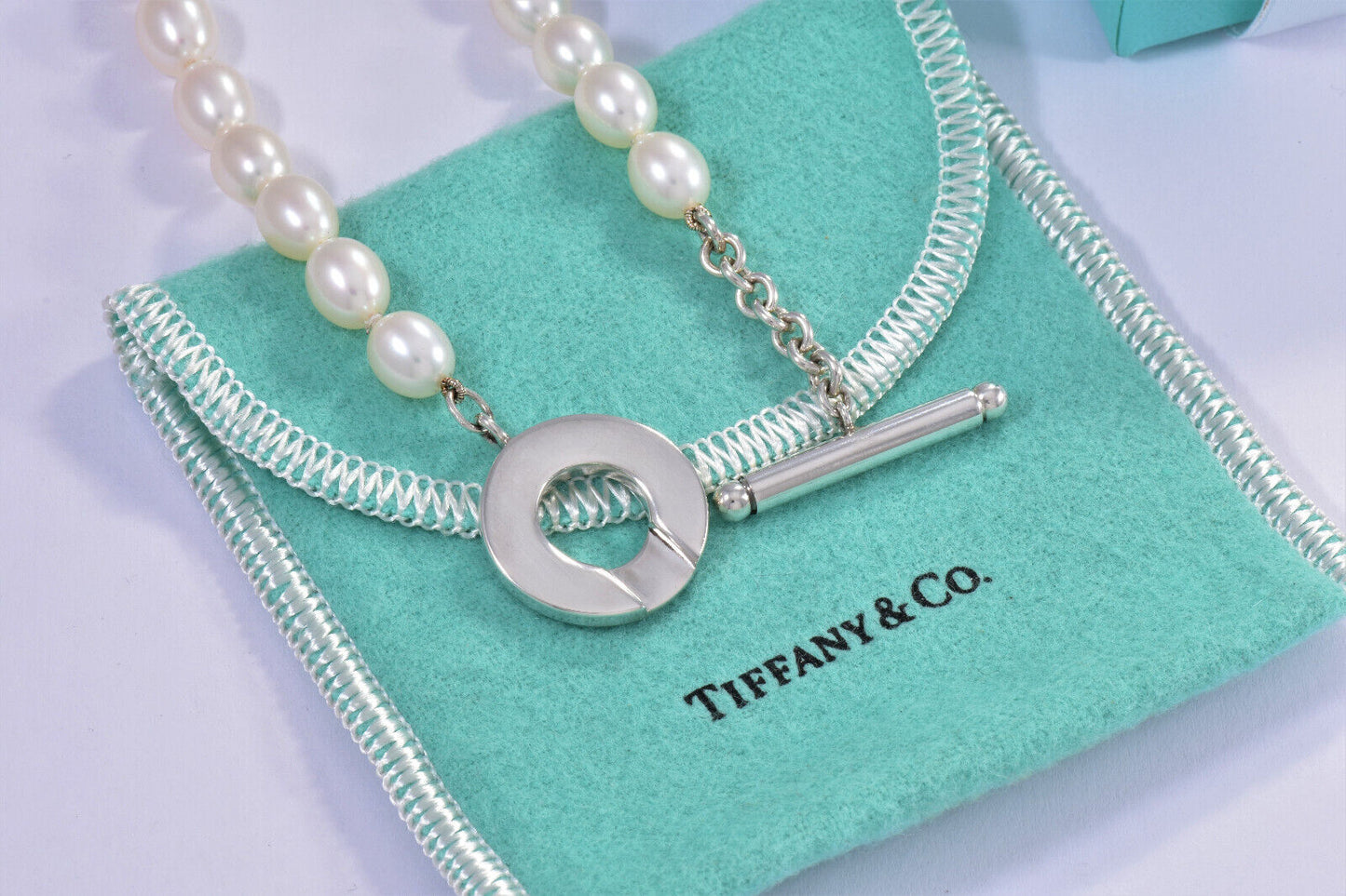 Tiffany & Co Silver Pearl 8mm Bead Toggle Bracelet 7.5" Large in Box Pouch Rare