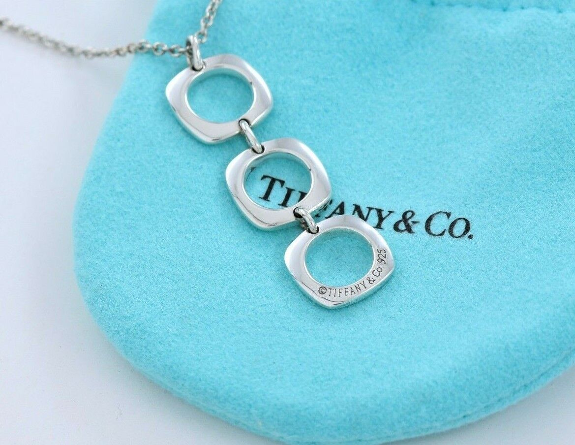 Tiffany & Co Silver Three Cushion Square Dangle Pendant Drop Necklace & Pouch