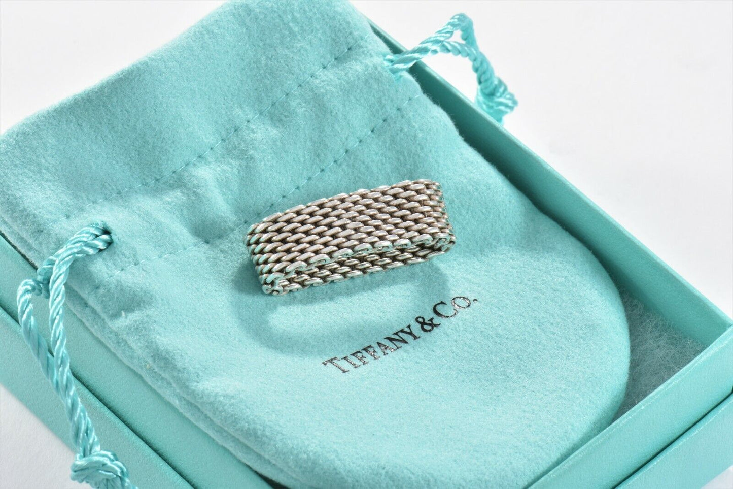 Tiffany & Co Somerset Sterling Silver Mesh Love Ring Sz 6.5 in Box Pouch Lovely