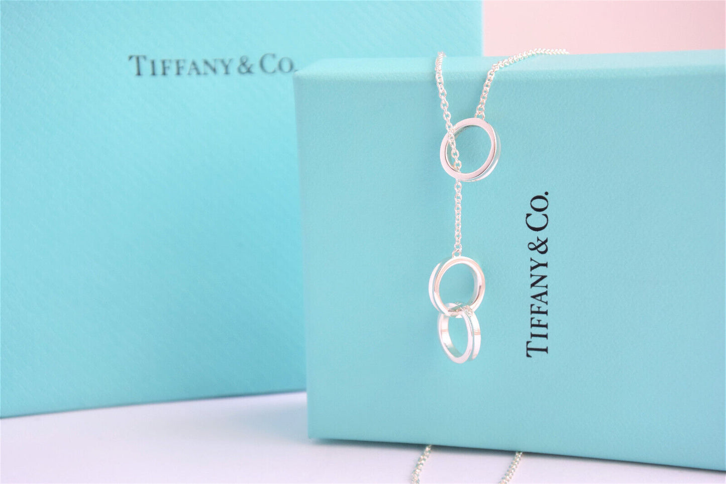 Tiffany & Co Silver 1837 Interlocking Circle Lariat 18" Dangle Necklace in Pouch