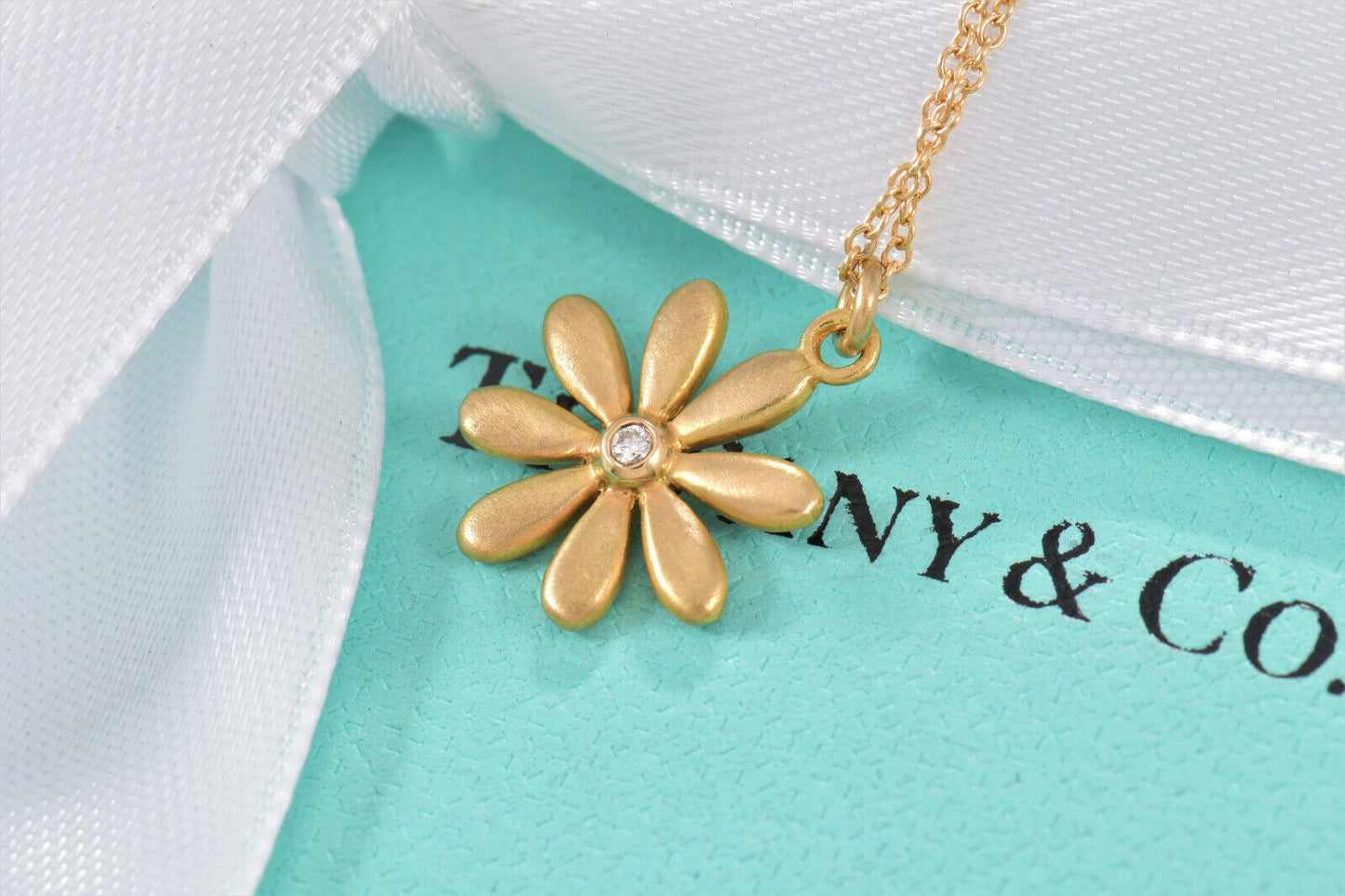 Tiffany & Co Diamond 18K Yellow Gold Daisy Flower Pendant 16.25" Necklace in Box