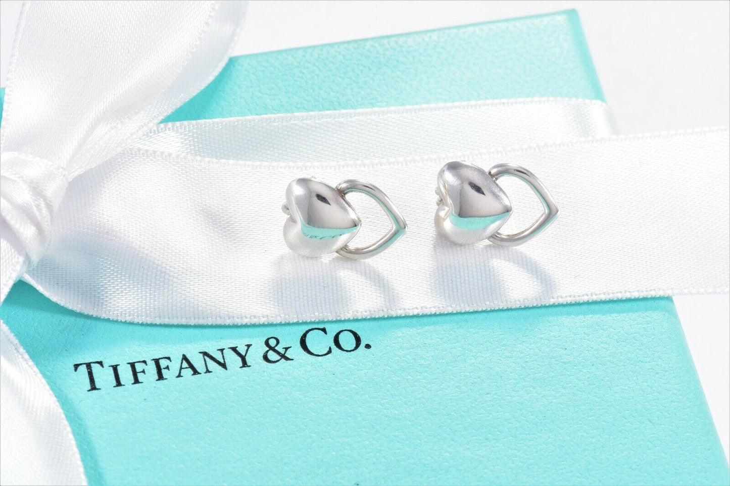 Tiffany & Co Silver Double Heart Stencil Puff Earrings and Pouch Lovely Stud