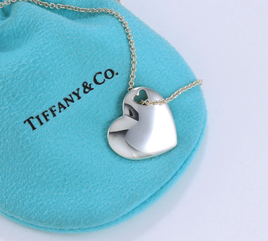 Tiffany & Co Silver Double Heart Puff Cutout Pendant 16.25" Necklace in Pouch