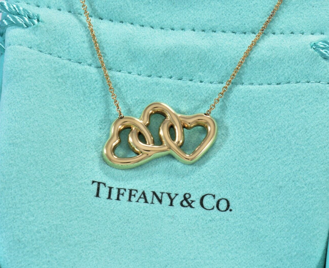 Tiffany & Co 18K Yellow Gold Three Heart Pendant 19" Love Necklace in Box Pouch