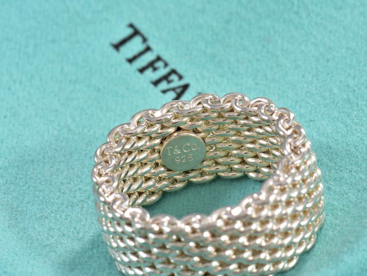 Tiffany & Co Somerset Sterling Silver Mesh Love Ring Size 5 in Box Pouch Lovely