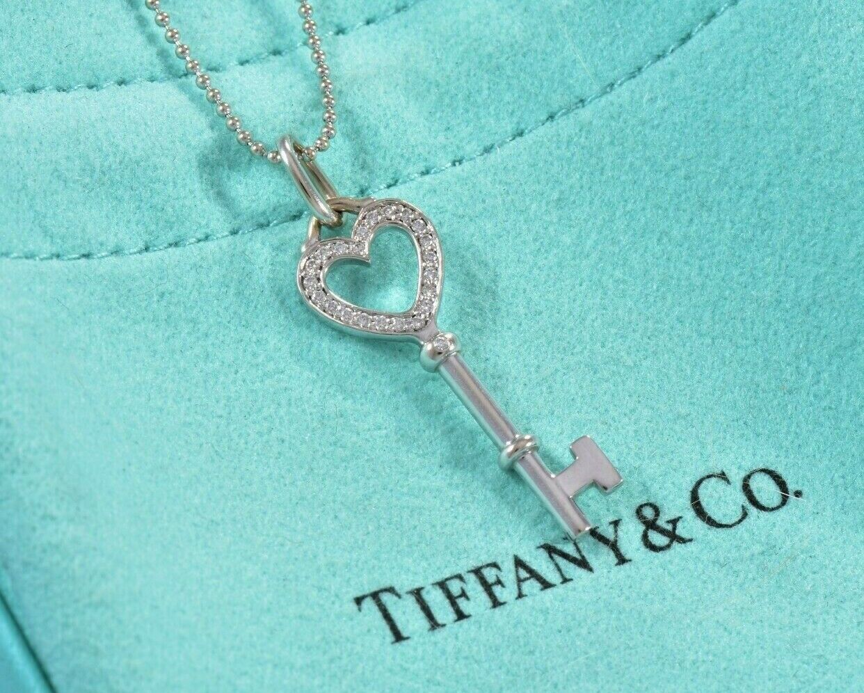 Tiffany & Co Diamond 18K White Gold Heart Key Pendant Bead Chain Necklace in Box