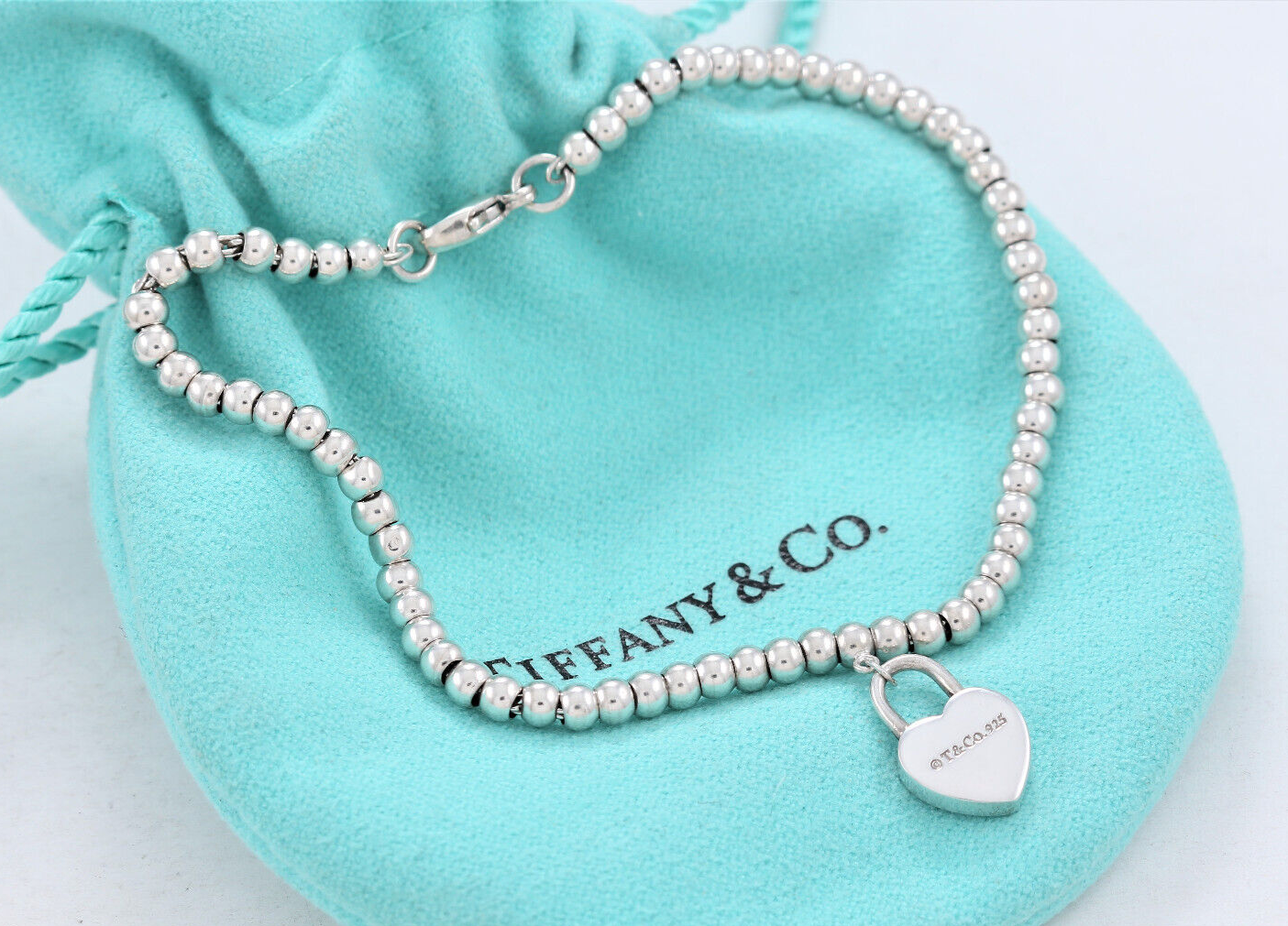 Please Return To Tiffany & Co Silver Heart Padlock Charm 7" Bead Bracelet Lock