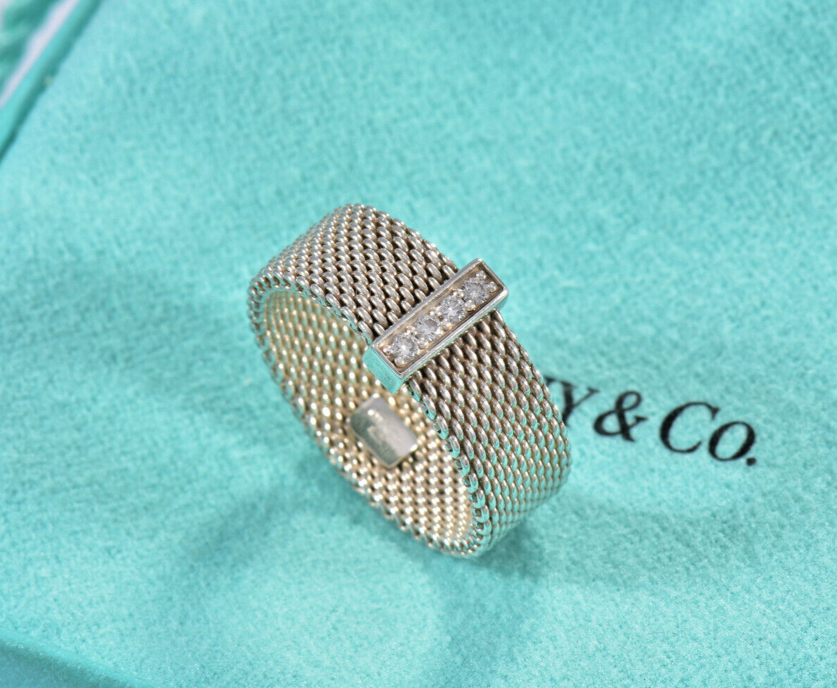 Tiffany & Co Silver 4 Diamond Somerset Wide Firm Mesh Ring Size 5.5 in Pouch