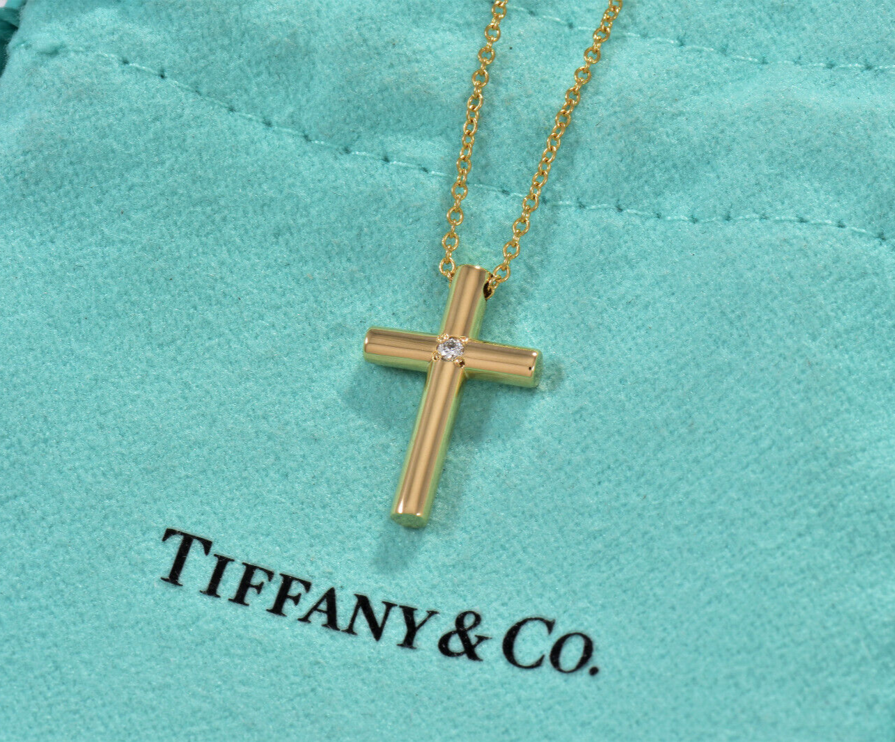 Tiffany & Co 18K Yellow Gold Diamond Cross Pendant 16" Necklace & Box Pouch Rare