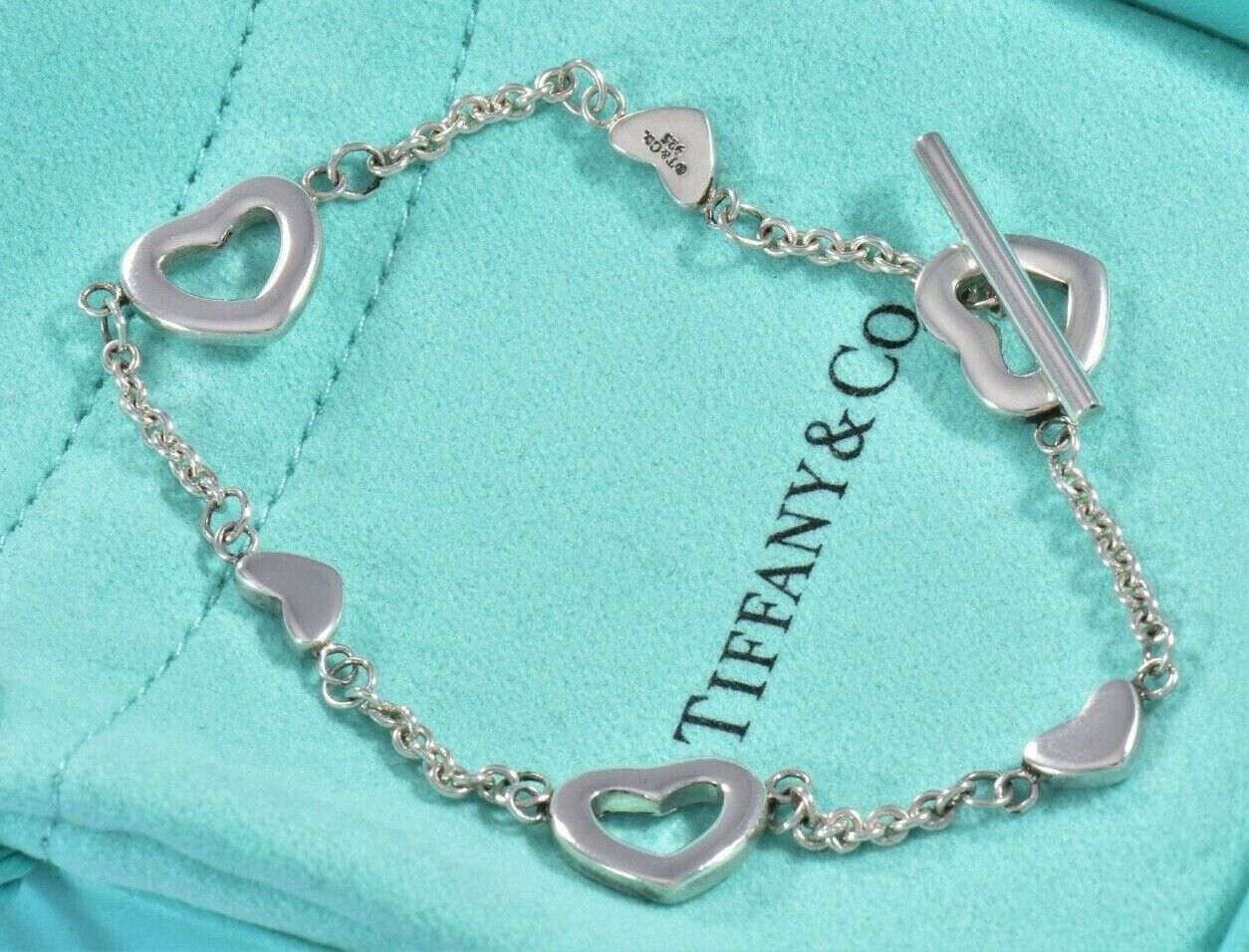 Tiffany & Co Silver Heart Lariat Toggle Chain 7" Bracelet & Pouch Rare Valentine