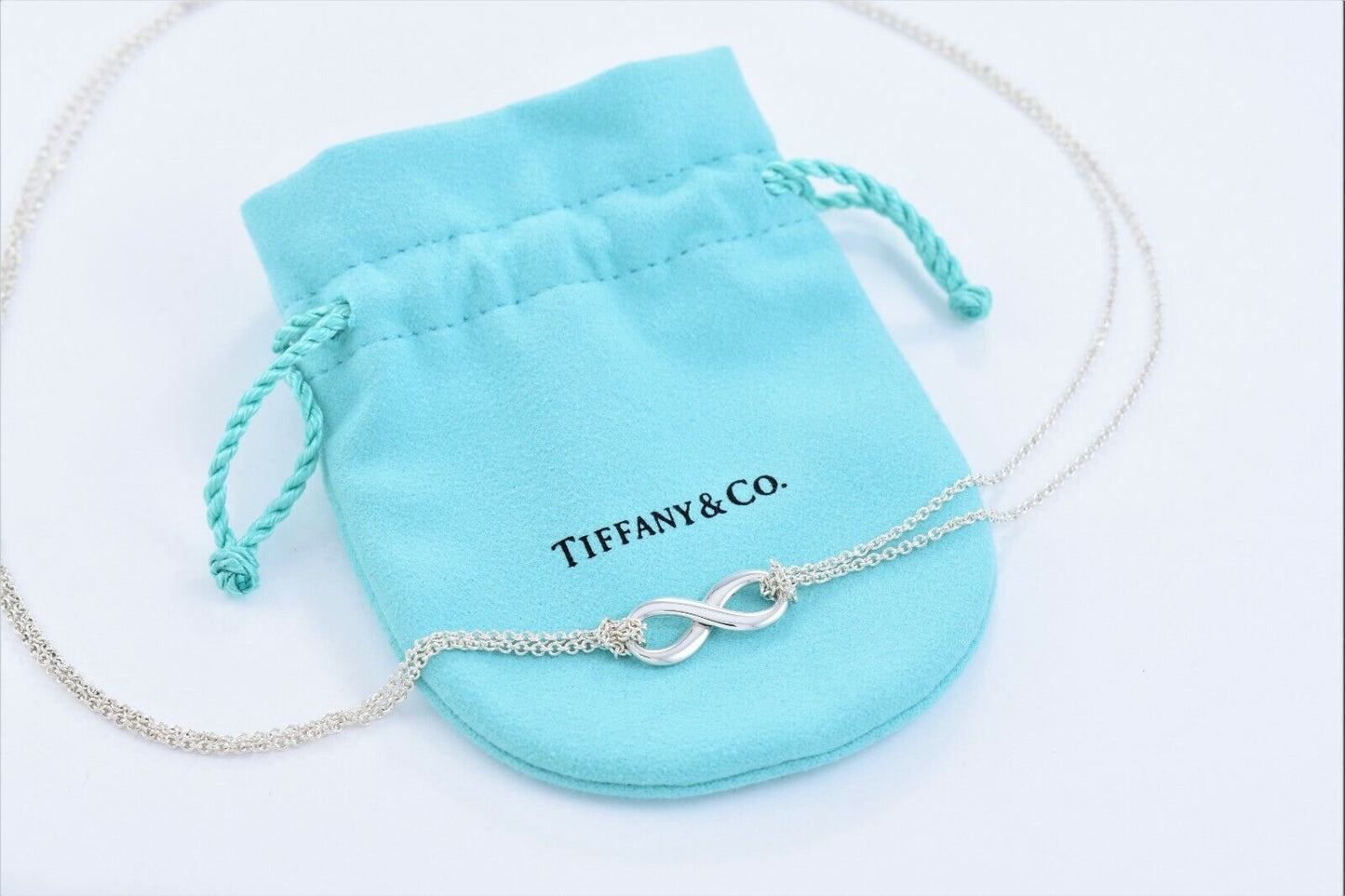 Tiffany & Co Sterling Silver Infinity Pendant 16" Double Chain Necklace in Pouch