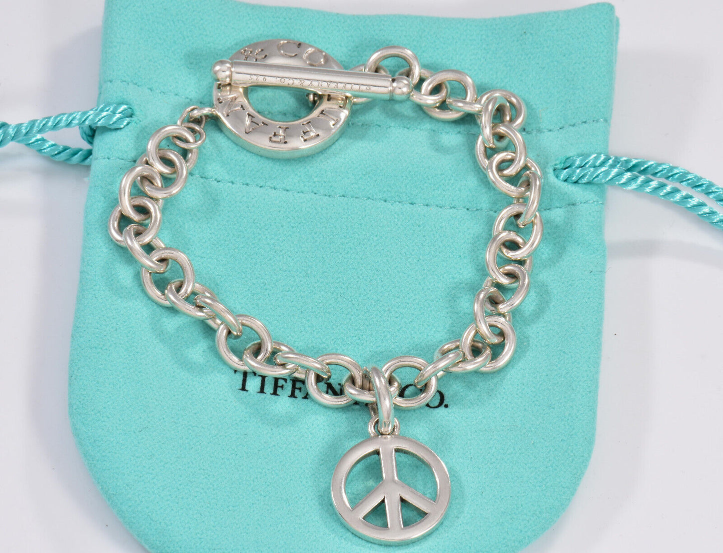 Tiffany & Co Silver Peace Sign Charm Toggle Link 8" Chain Bracelet in Pouch Rare