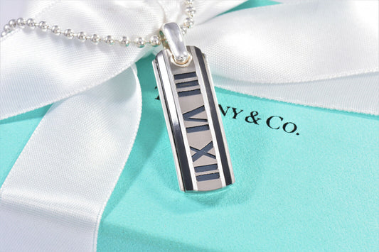 Tiffany & Co Titanium Silver Atlas Bar Dog Tag Bead Chain Necklace in Pouch Rare