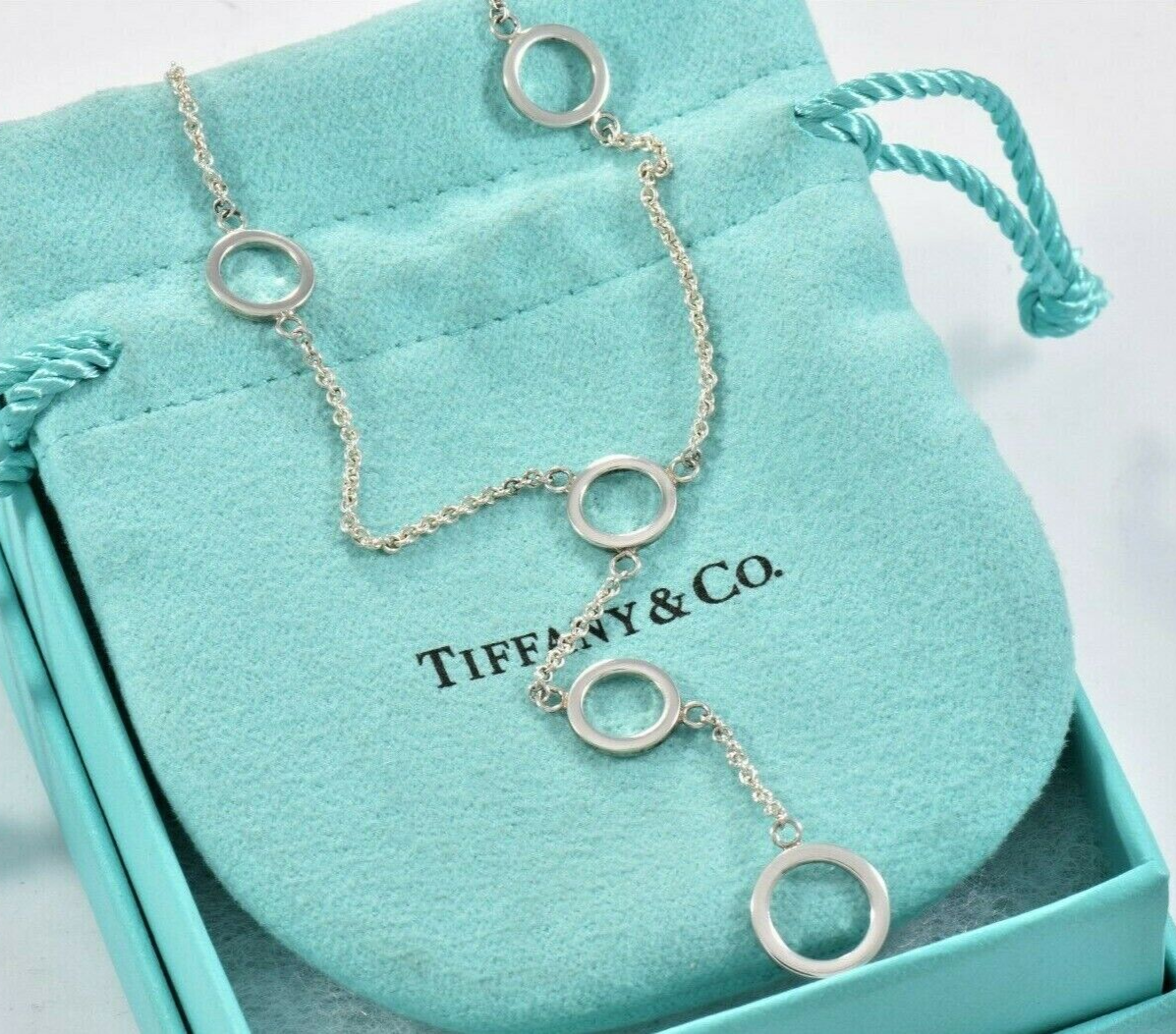 Tiffany & Co Sterling Silver Ring Circles Chain Link Lariat Necklace & Box Pouch