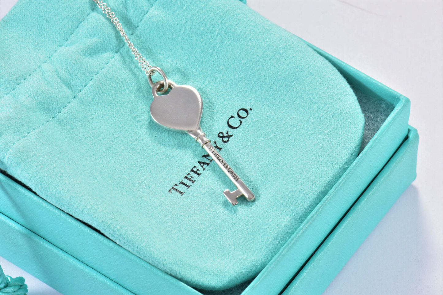 Please Return To Tiffany & Co Sterling Silver Heart Key 16.5" Necklace in Pouch