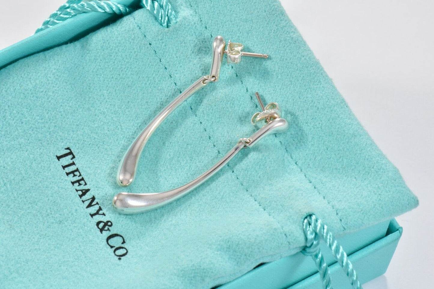 Tiffany & Co Elsa Peretti Sterling Silver Elongated Teardrop Dangling Earrings