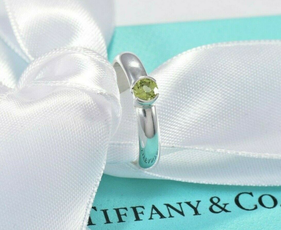 Tiffany & Co Sterling Silver Green Peridot Stack Band Ring Size 6 Boxed Rare