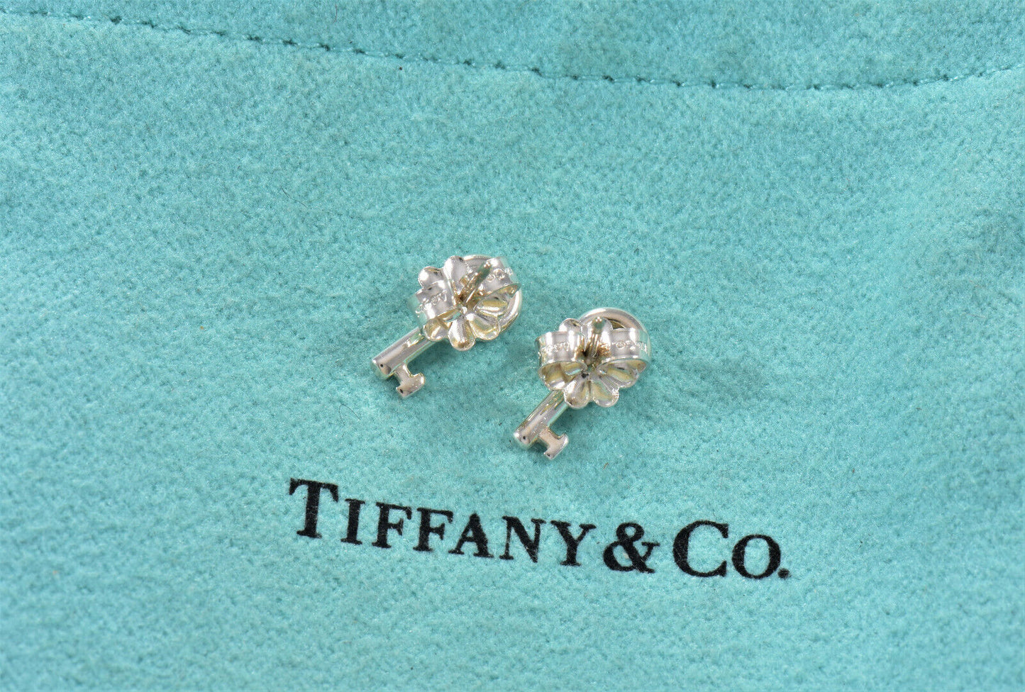 Tiffany & Co Sterling Silver Mini Key Stud Earrings in Pouch Rare Lovely Gift