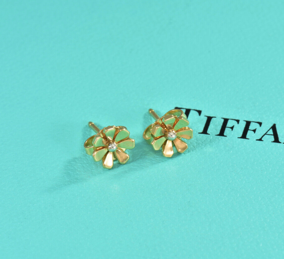 Tiffany & Co 18K Yellow Gold Silver Flower Love Bugs Daisy Earrings in Box Rare