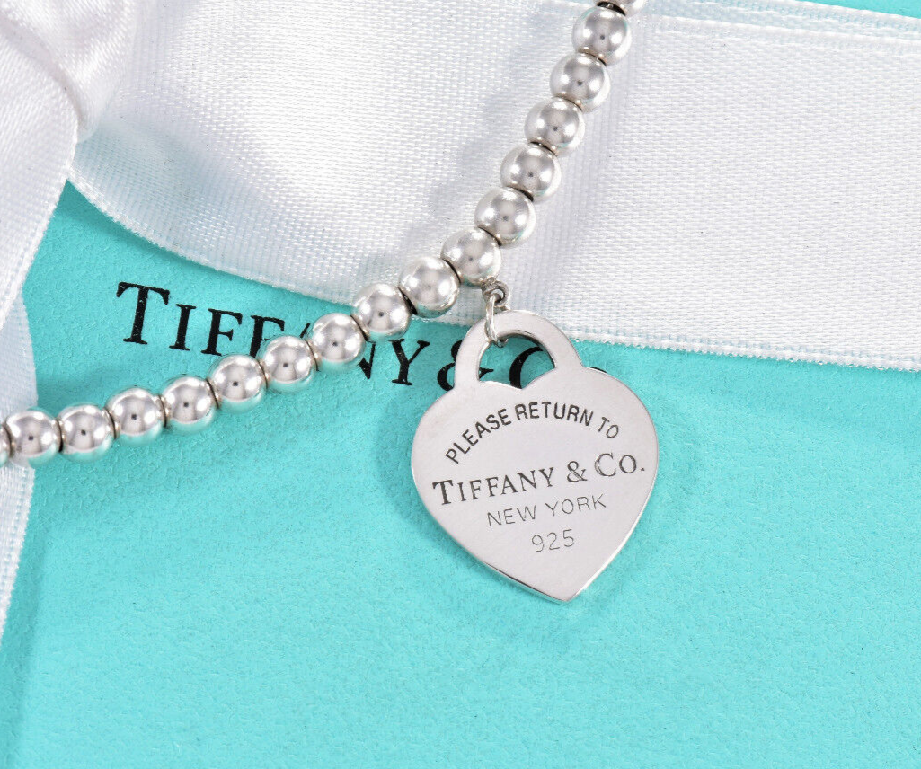 18.25" Please Return To Tiffany & Co Silver Heart Pendant Beaded Necklace Pouch