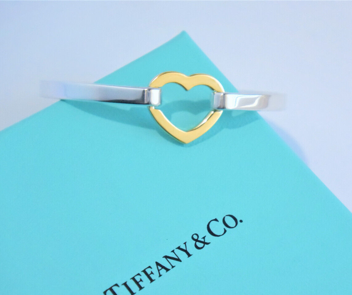 Tiffany & Co 18K Yellow Gold Silver Open Heart Hook 6.55" Bracelet in Pouch Rare