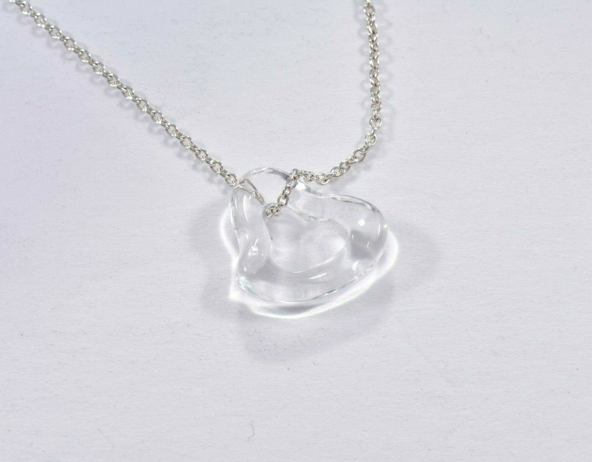 Tiffany & Co Silver Elsa Peretti Crystal Open Heart Pendant 16" Necklace & Pouch