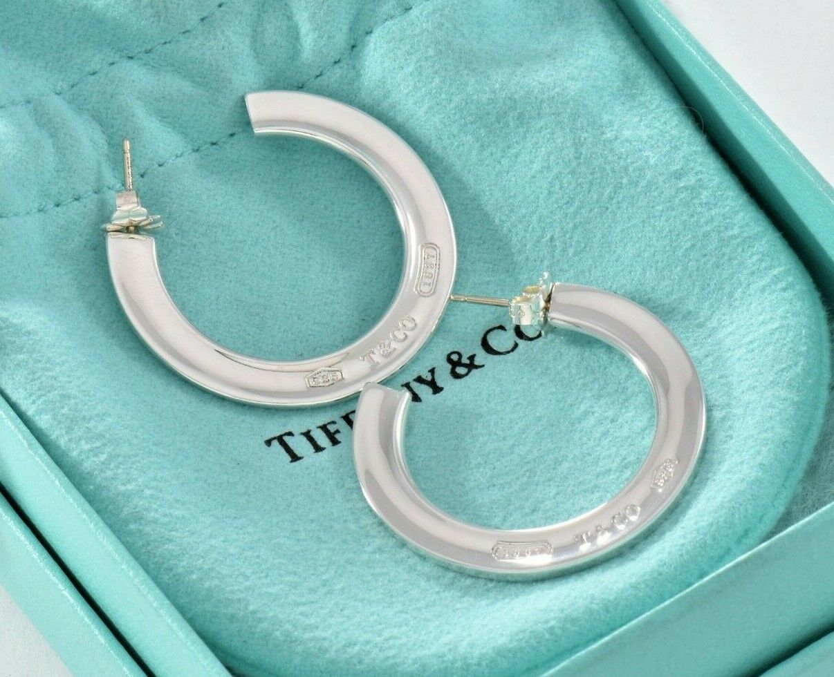 Tiffany & Co Sterling Silver 1837 Wide Flat Hoop Earrings & Pouch Rare Thin Love