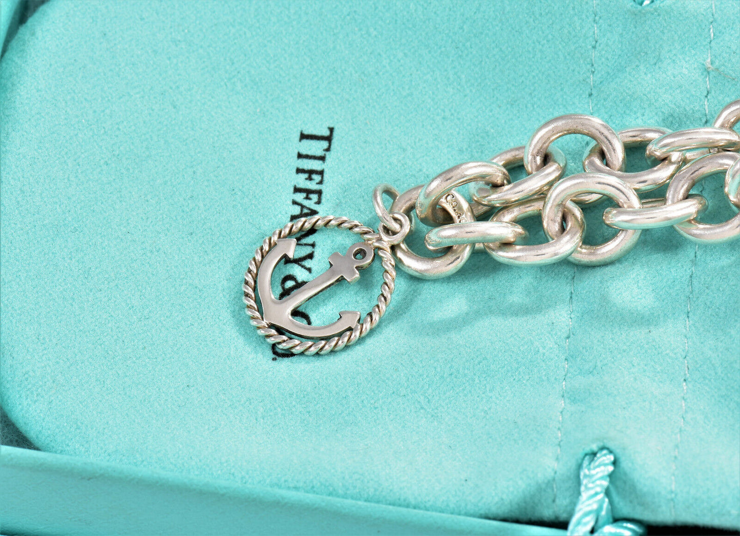 Tiffany & Co Sterling Silver Anchor Charm 8" Chain Link Bracelet in Pouch Rare