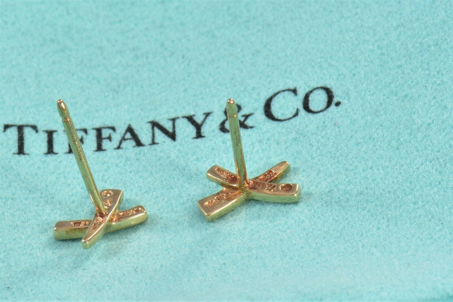 Tiffany & Co 18k Yellow Gold "X" Signature Stud 9mm Small Earrings and Box Pouch