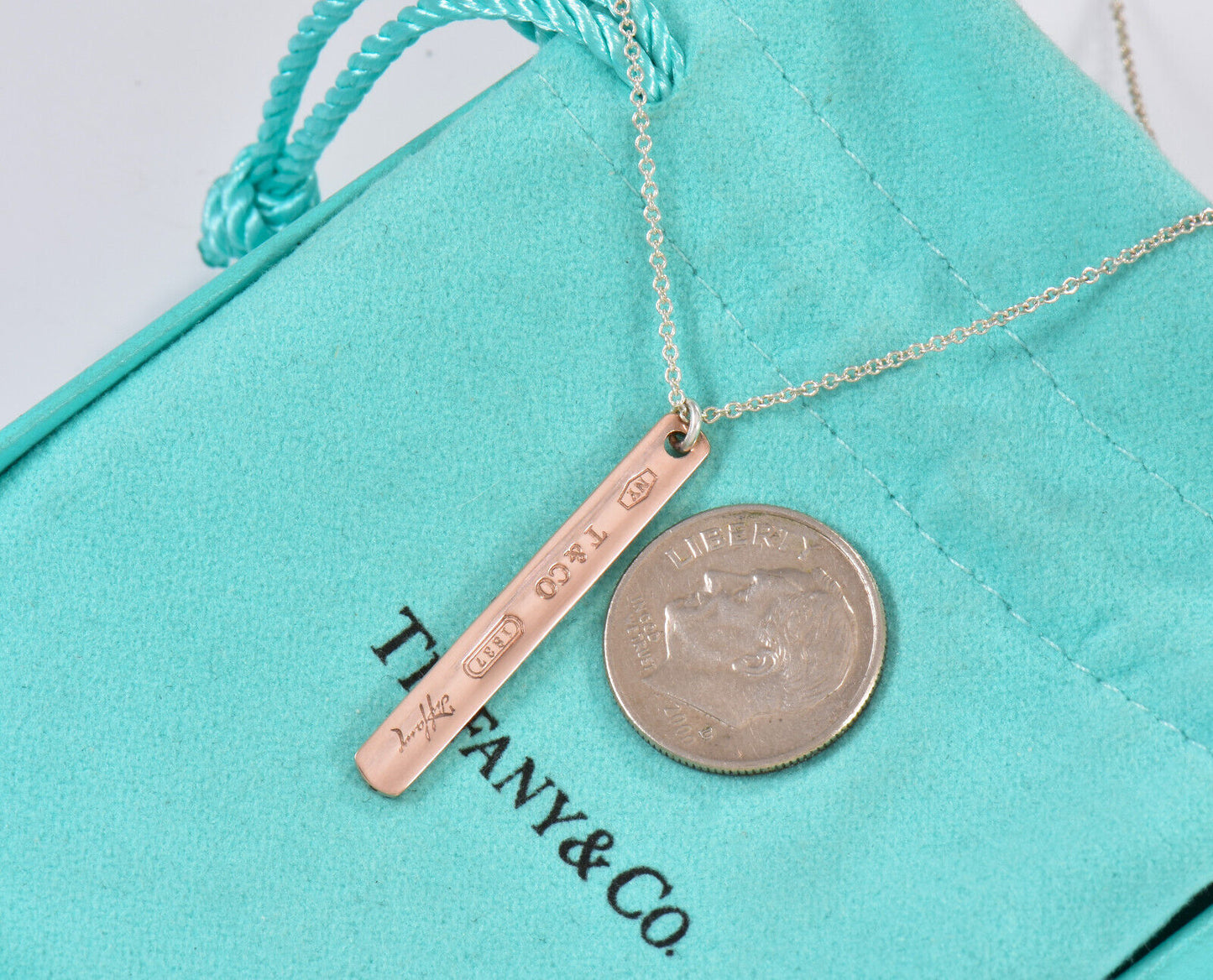 Tiffany & Co Rubedo Gold Sterling Silver 1837 Thin Bar Pendant Necklace in Box