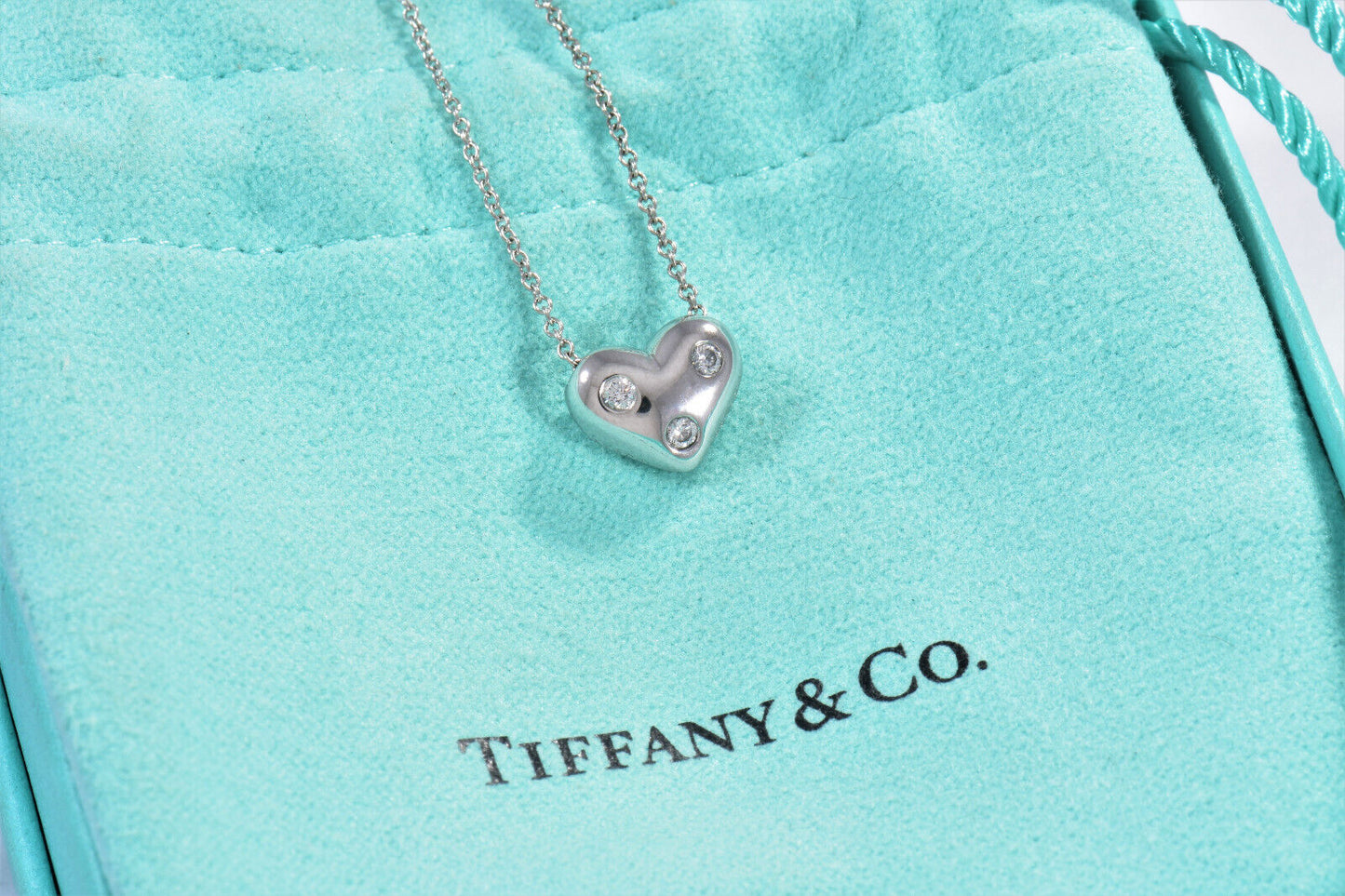 Tiffany & Co Diamond Platinum Etoile Heart Pendant 17" Necklace & Box Pouch Rare