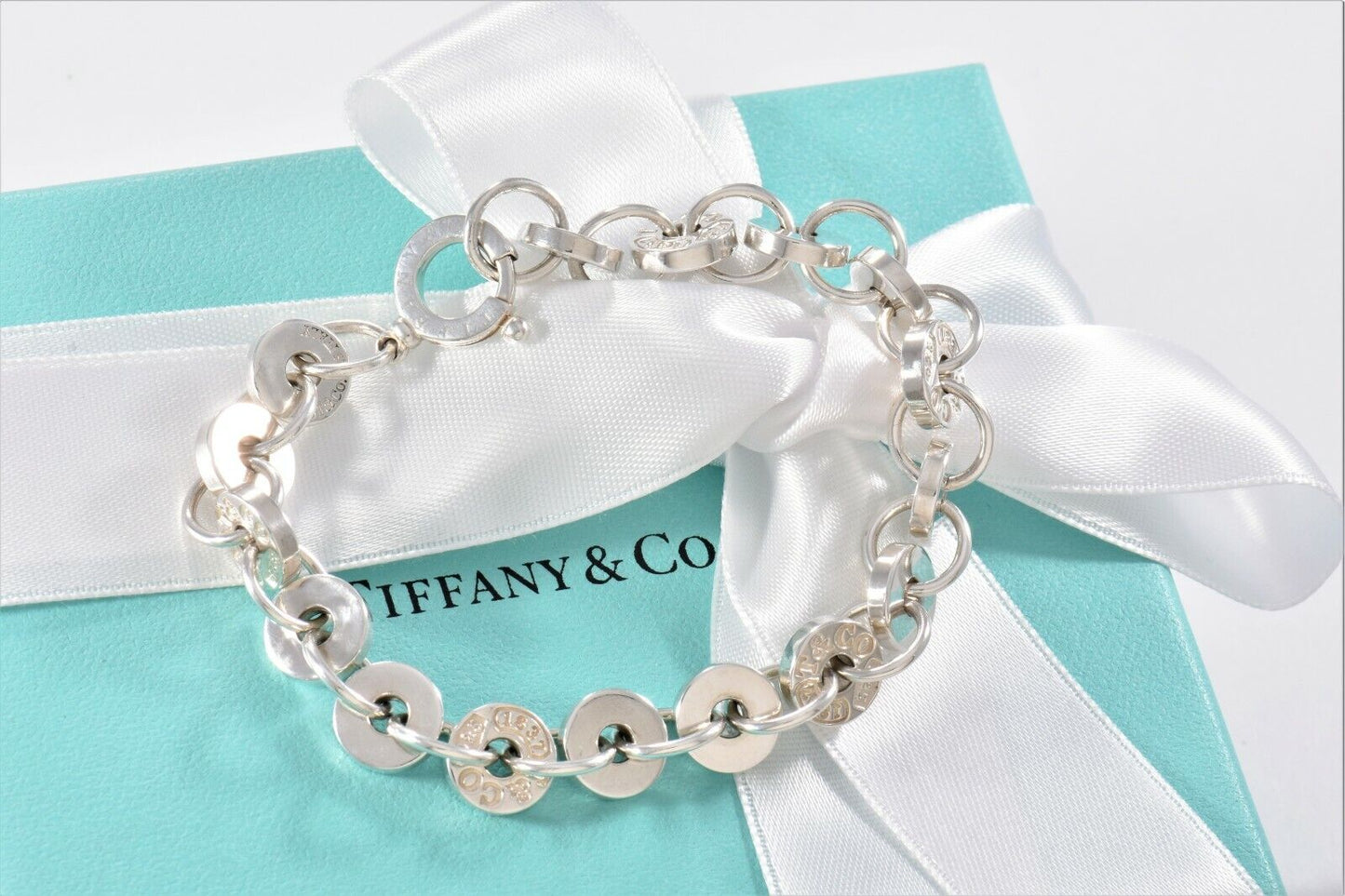 Tiffany & Co Italy Sterling Silver 1837 Disk Link Chain 7.7" Bracelet in Pouch