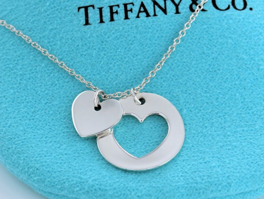 Tiffany & Co Silver Stencil Cutout Two Heart Charm Pendant 16" Love Necklace