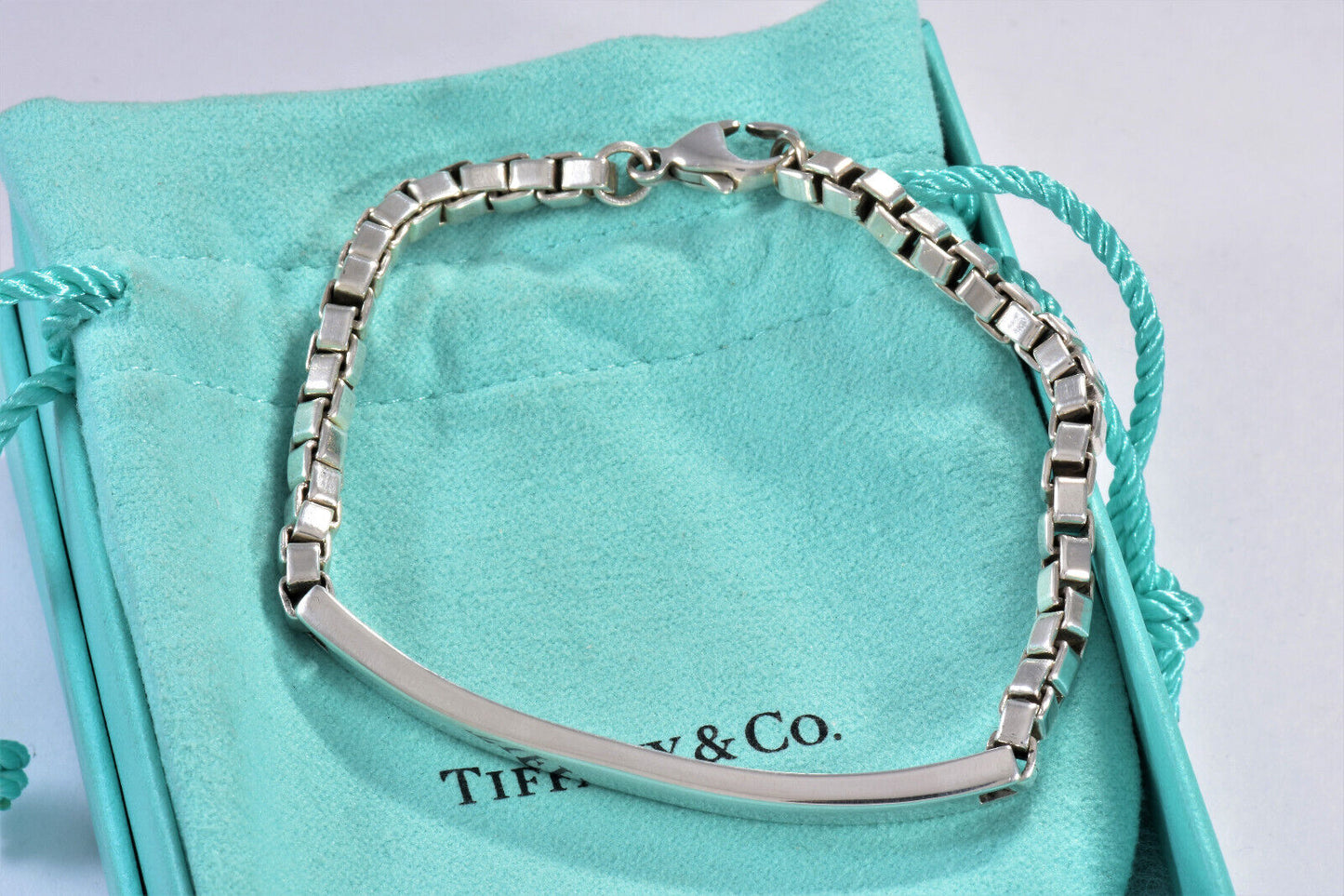 Tiffany & Co Sterling Silver Venetian Box Link ID Bar Bracelet 7.95" Mens Pouch