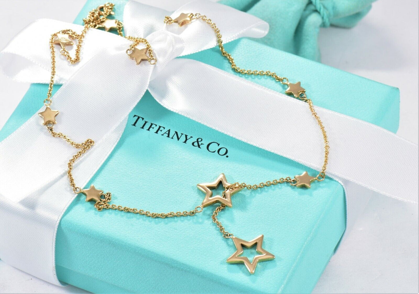 Ultra Rare Tiffany & Co 18K Yellow Gold Star Lariat 16 - 20" Adjustable Necklace